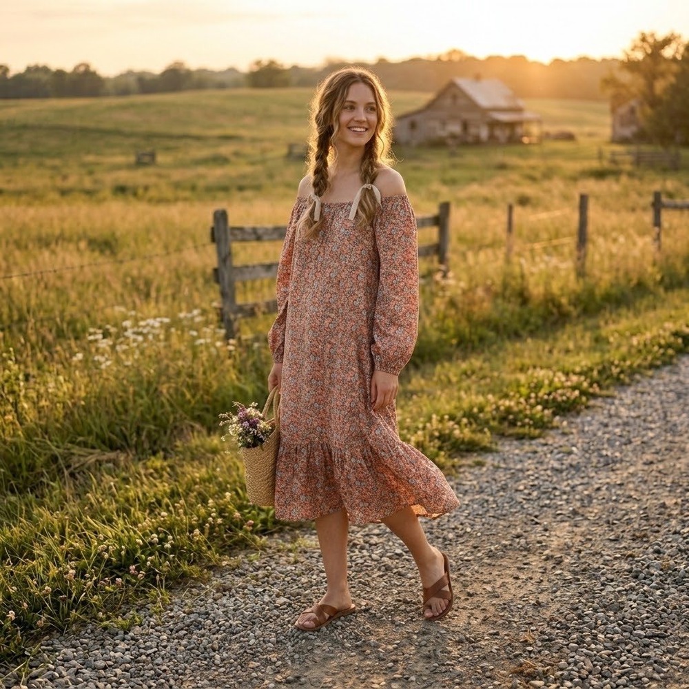Ditsy Floral Off Shoulder Ruffle Hem Midi Dress Peach Medium Women Prairie Boho